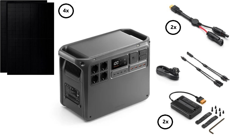 DJI Power 2000 – Hochleistungs-Powerstation 2.048 Wh / 3000 W Output + DJI Power Adaptermodul für Solarpanel (MPPT) + DJI Power Solarpanel MC4 Parallelkabel + 4x 455W Solarmodule Full Black 0% MwSt. (gem. § 12 Abs. 3 UStG)