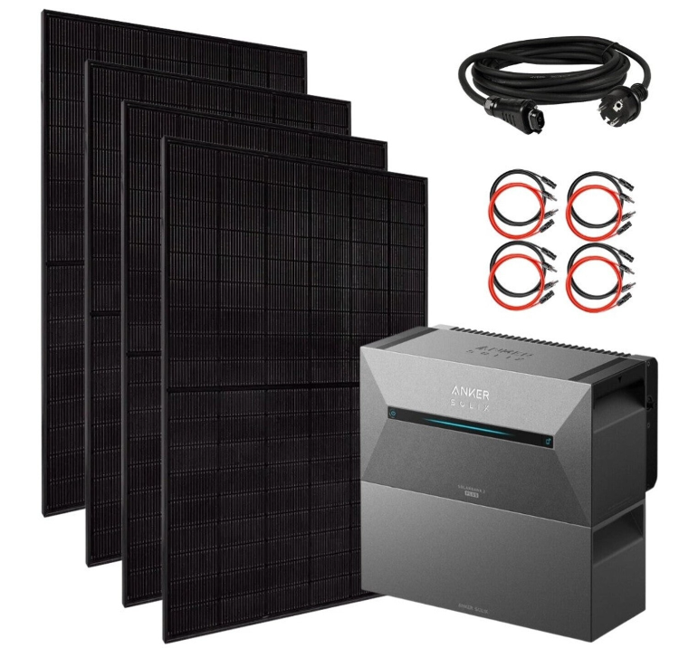Balkonkraftwerk mit Anker All-in-One Lösung Speicher (3,2kWh) und 1820W N typ Glas-Glas Vollschwarz Solarmodule mit Hausanschlusskabel