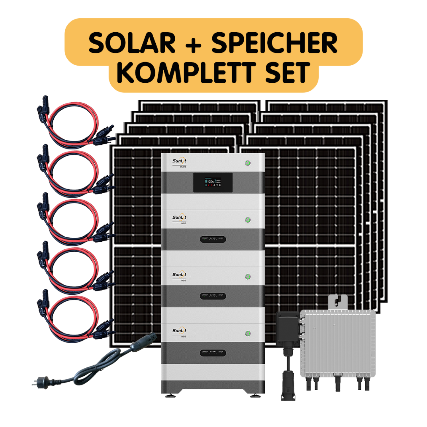 SOLAR THE WORLD® Solar + Speicher Komplett Set (10x 380Wp Module + Deye 800W + SunLit BK215 (2,15 kWh) + 3x Erweiterungsspeicher (6,45 kWh)